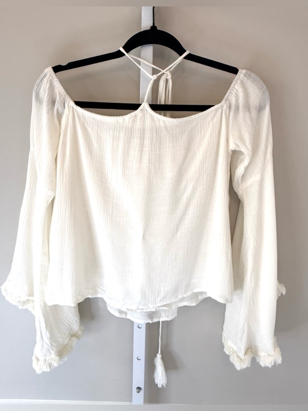 Ecru Lab Off Shoulder Peasant Top Cream Tassel Bell Sleeve Size S